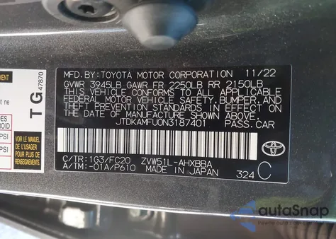 2022 Toyota Prius L z USA, uszkodzony, nr VIN JTDKAMFU0N3187401